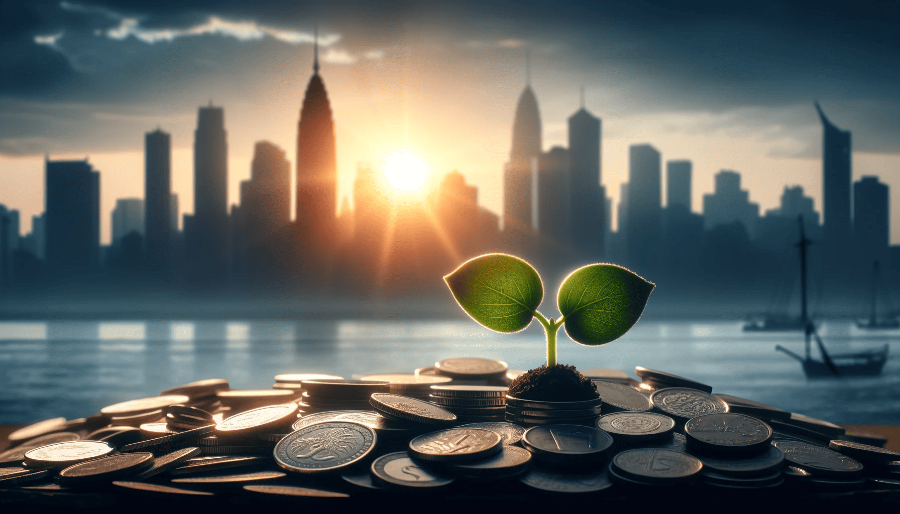 Seed Stage Startups - seedling emerging from a pile of coins, with a silhouette of a city skyline in the background under a rising sun